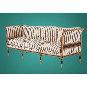 Large Gustavian Empire Sofa, Gilded And Patinated Wood, Length 225cm 