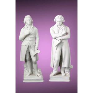 « Mozart et Beethoven » , Paire de grandes Figurines , Biscuit Lippert&Haas, Schlaggenwald, XXe