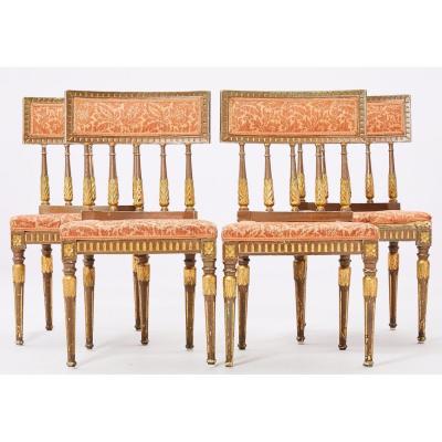 Suite Of 4 Gustavian Style Chairs, Carved Wood Colored Bronze And Gold. Circa 1900