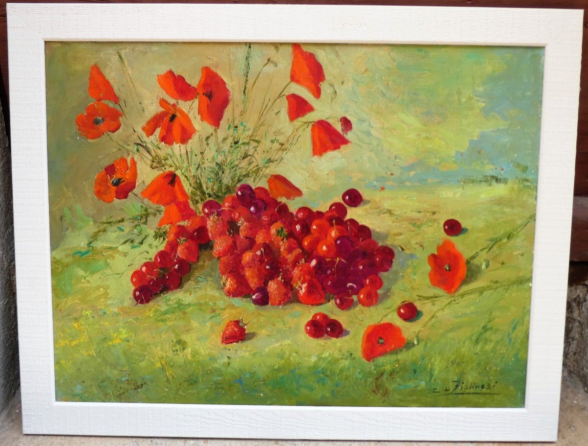 Cherries, Strawberries And Poppies By Figlinesi