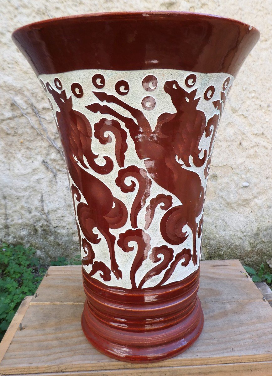 Grand Vase Art-Déco Aux Chevaux Cabrés De Roger MEQUINION-photo-3