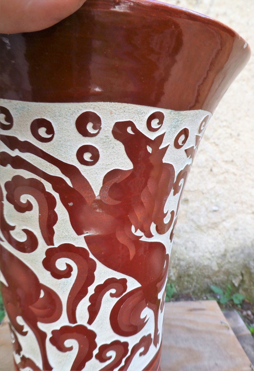 Grand Vase Art-Déco Aux Chevaux Cabrés De Roger MEQUINION-photo-6