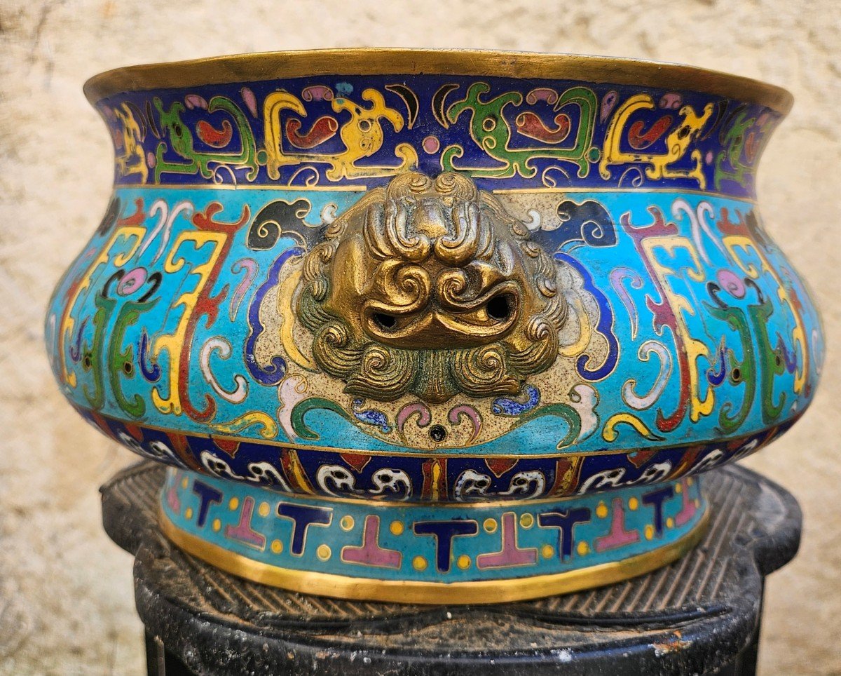 Ancient Chinese Bronze Cup With Cloisonné Decor Signed-photo-4