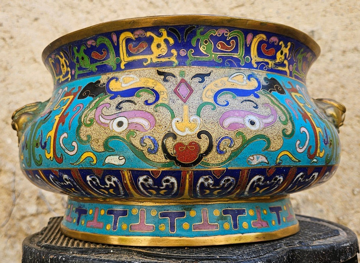 Ancient Chinese Bronze Cup With Cloisonné Decor Signed-photo-2