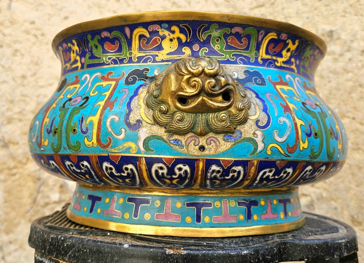 Ancient Chinese Bronze Cup With Cloisonné Decor Signed-photo-3