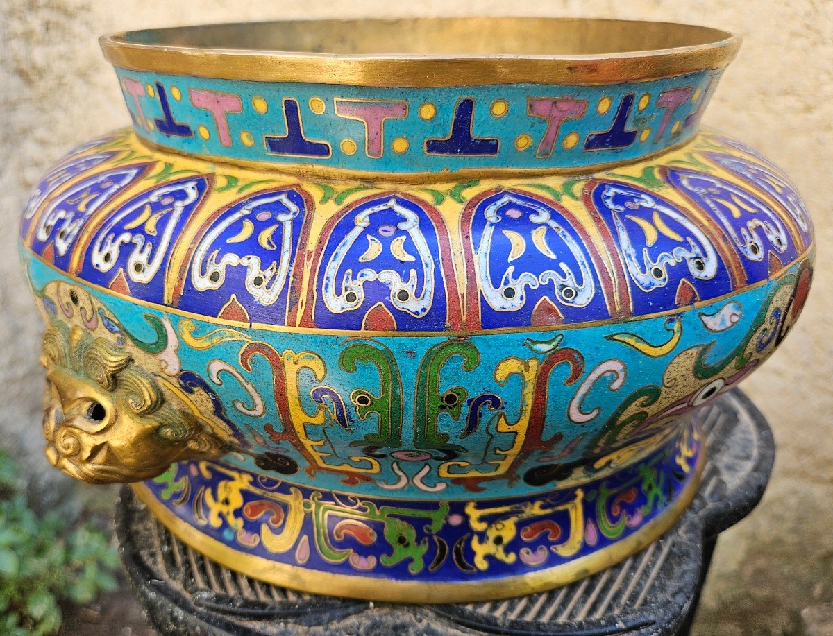 Ancient Chinese Bronze Cup With Cloisonné Decor Signed-photo-4