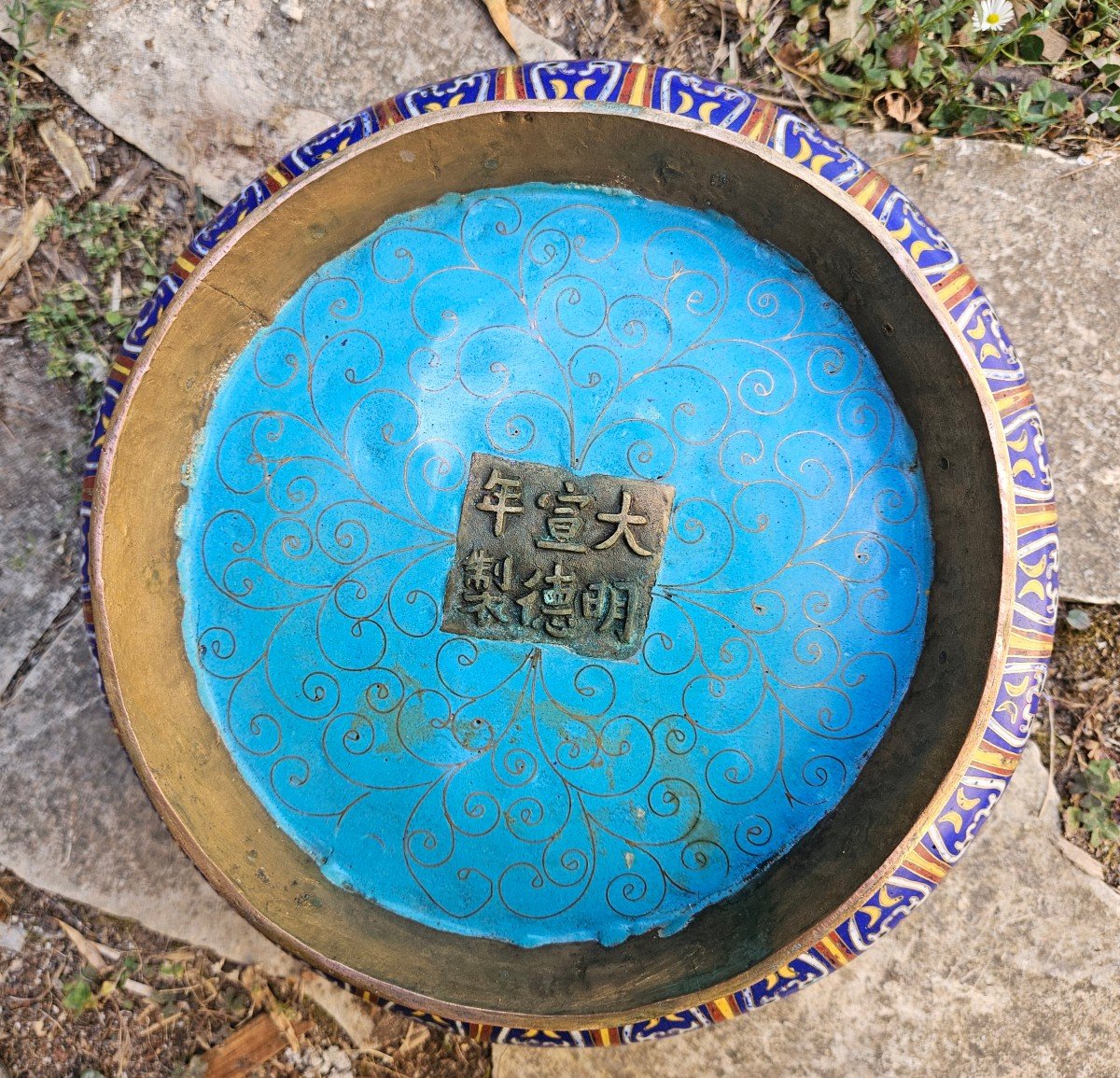 Ancient Chinese Bronze Cup With Cloisonné Decor Signed-photo-5