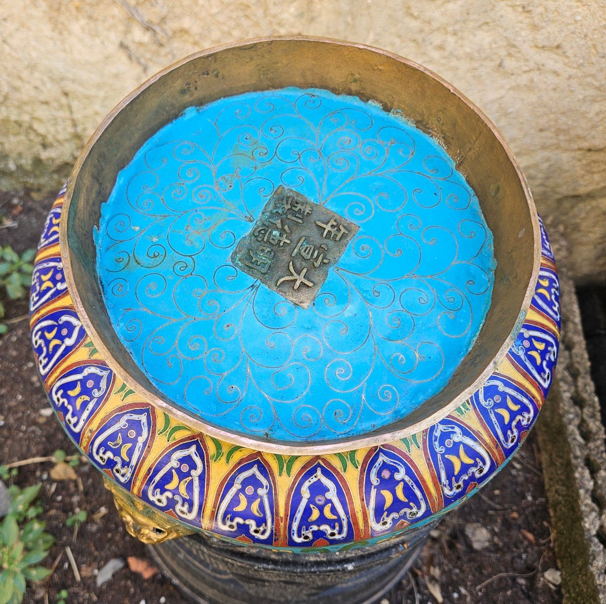 Ancient Chinese Bronze Cup With Cloisonné Decor Signed-photo-6