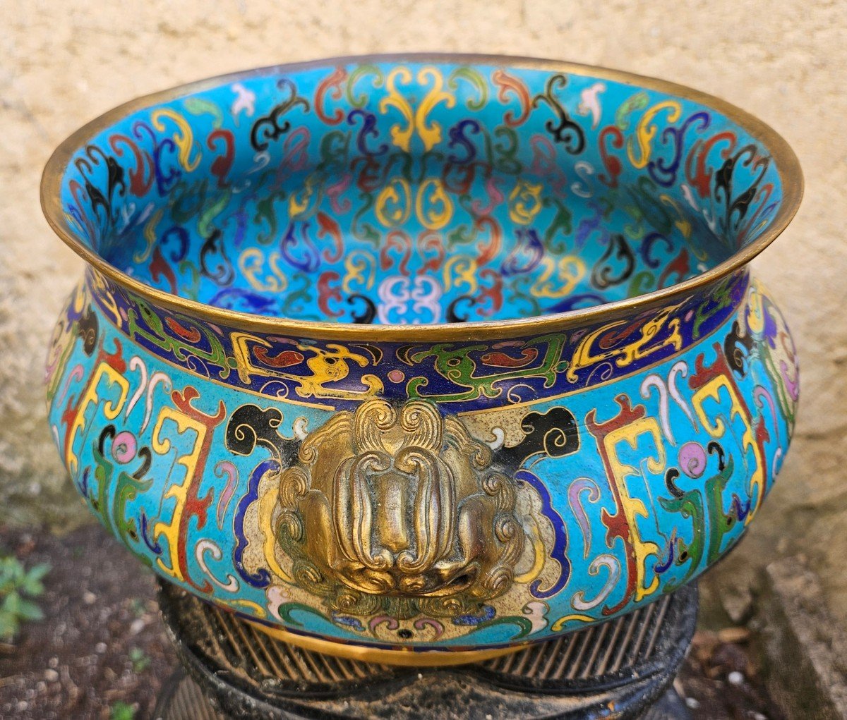 Ancient Chinese Bronze Cup With Cloisonné Decor Signed-photo-8