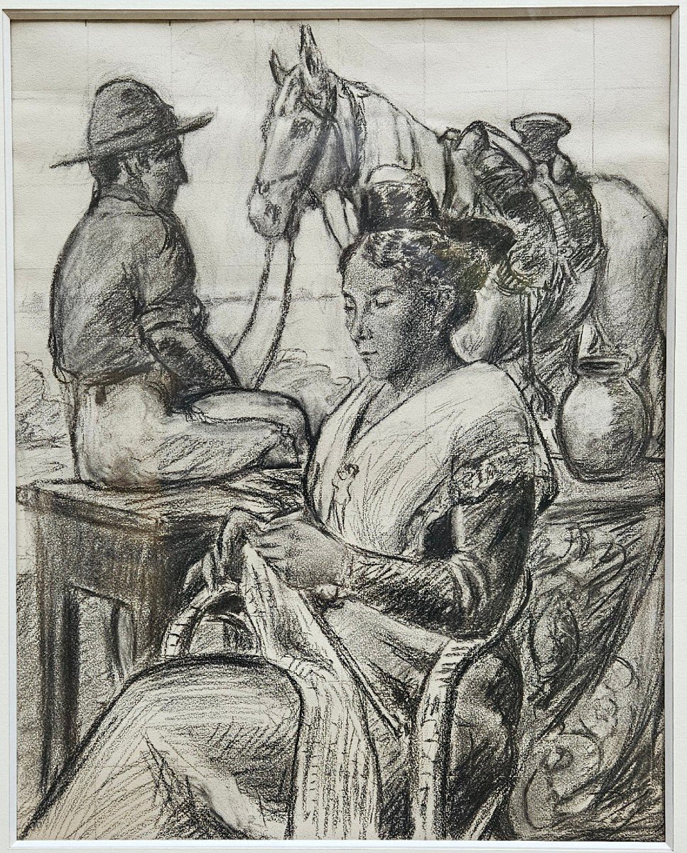 Arlésienne Et Gardian , Dessin Milieu XXème-photo-2