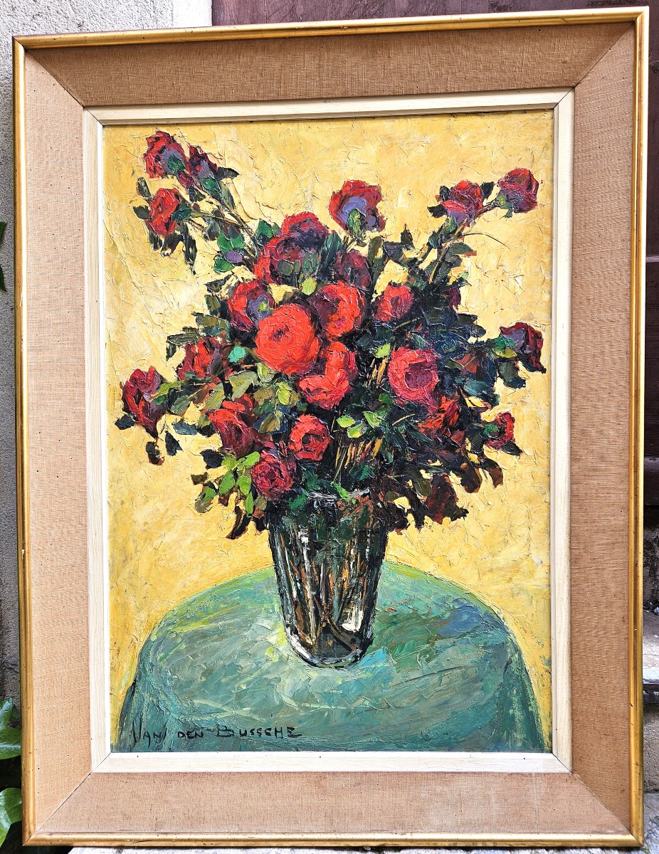 Splendide Bouquet De Roses Rouges Par Fernand Van Den Bussche 1892-1975-photo-2