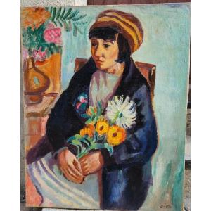 Woman With A Bouquet Of Flowers By Laszlo Barta 1902-1961