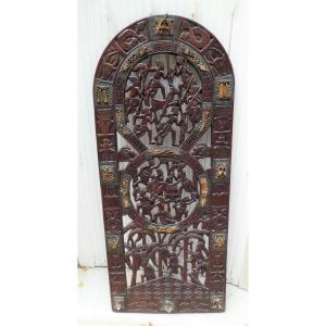 Hardwood Panel Inlaid With Bamoun Bronzes From Cameroon