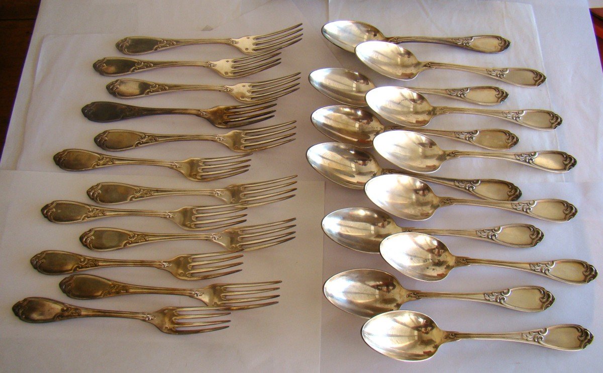 Silver Cutlery Set 3620 G, Hénin Et Cie, 18 Forks, 18 Spoons, A Ladle In A Box-photo-1