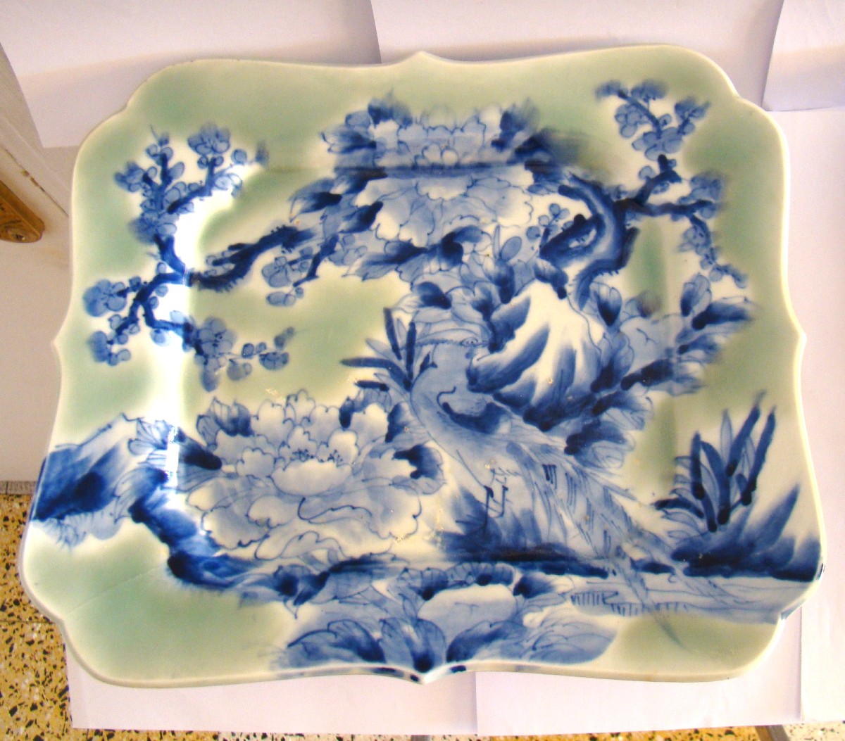 Pair Of Japanese Celadon Porcelain Dishes 32.5 X 28.5 Cm-photo-2