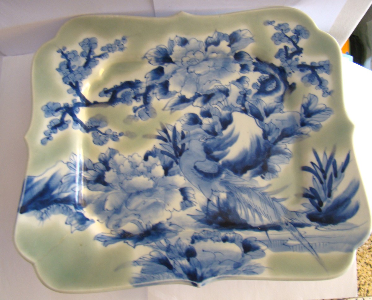 Pair Of Japanese Celadon Porcelain Dishes 32.5 X 28.5 Cm-photo-3