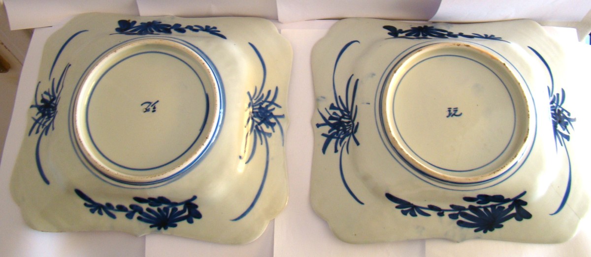 Pair Of Japanese Celadon Porcelain Dishes 32.5 X 28.5 Cm-photo-2