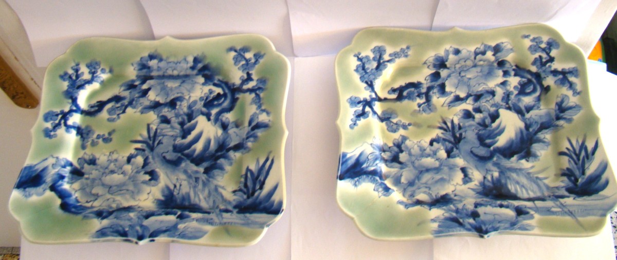 Pair Of Japanese Celadon Porcelain Dishes 32.5 X 28.5 Cm