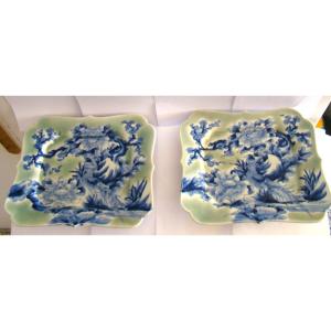 Pair Of Japanese Celadon Porcelain Dishes 32.5 X 28.5 Cm