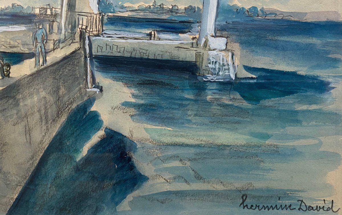 Hermine David 1886-1966  La Jetée à Saint Vaast La Hougue  Aquarelle -photo-3