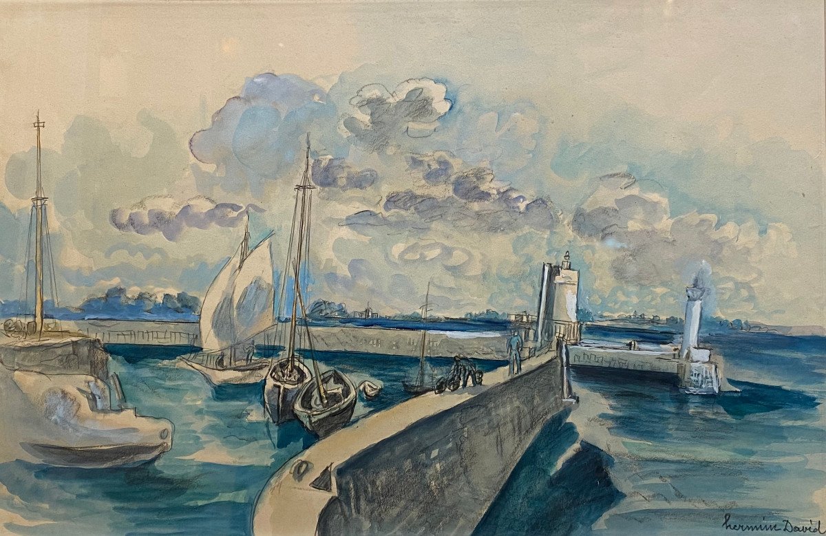 Hermine David 1886-1966  La Jetée à Saint Vaast La Hougue  Aquarelle 