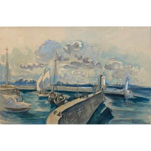 Hermine David 1886-1966  La Jetée à Saint Vaast La Hougue  Aquarelle 