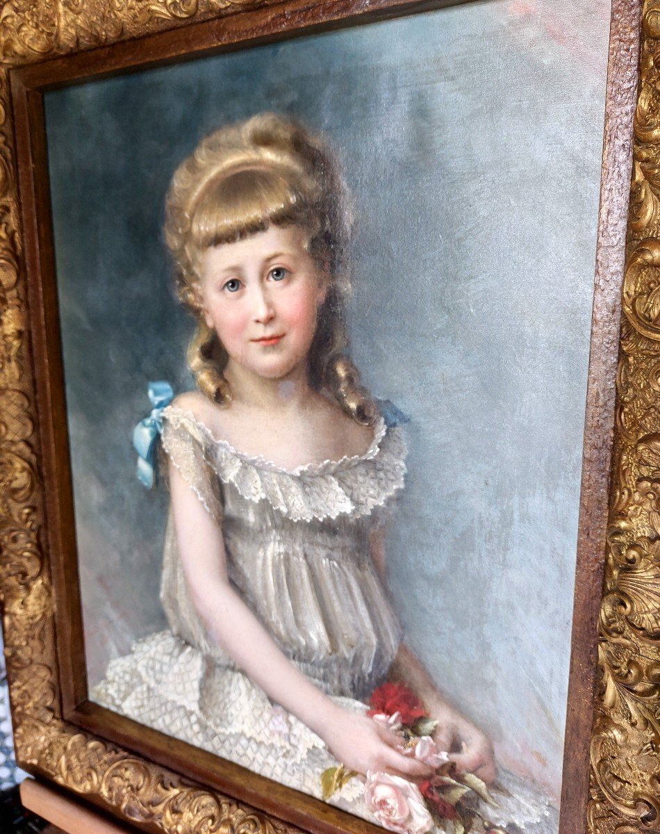 Peinture XIXéme "petite Fille à La Fleur"-photo-2