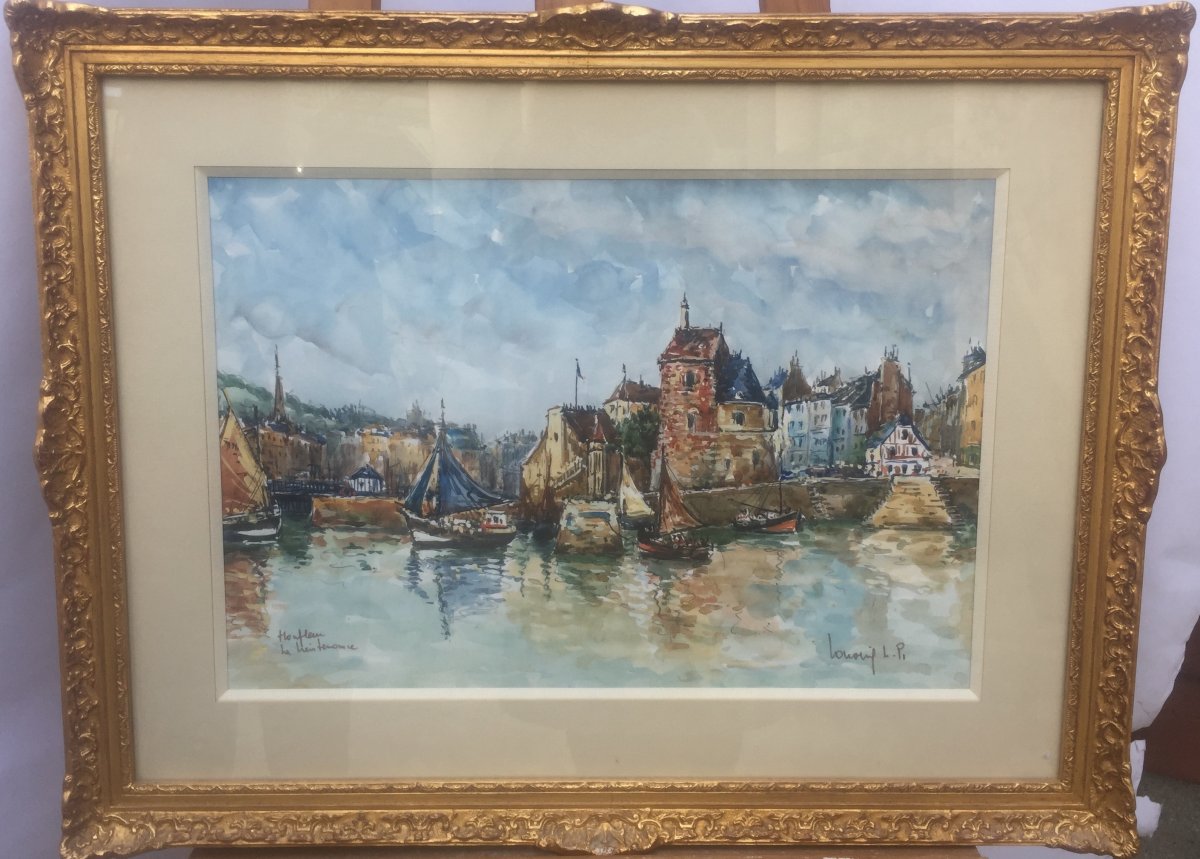 Robert L.P. Lavoine, Port d'Honfleur, aquarelle, 51 x 65 cm