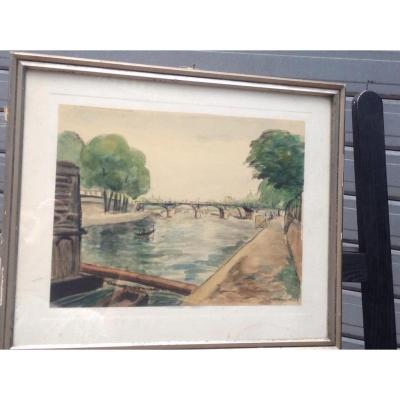 André Malterre, The Seine Bridges In Paris, Watercolor, Signed, 43 X 36 Cm