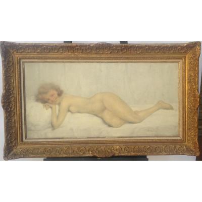 Lucien Boulier, Nu Nymphet, Oil On Canvas, 58 X 97 Cm