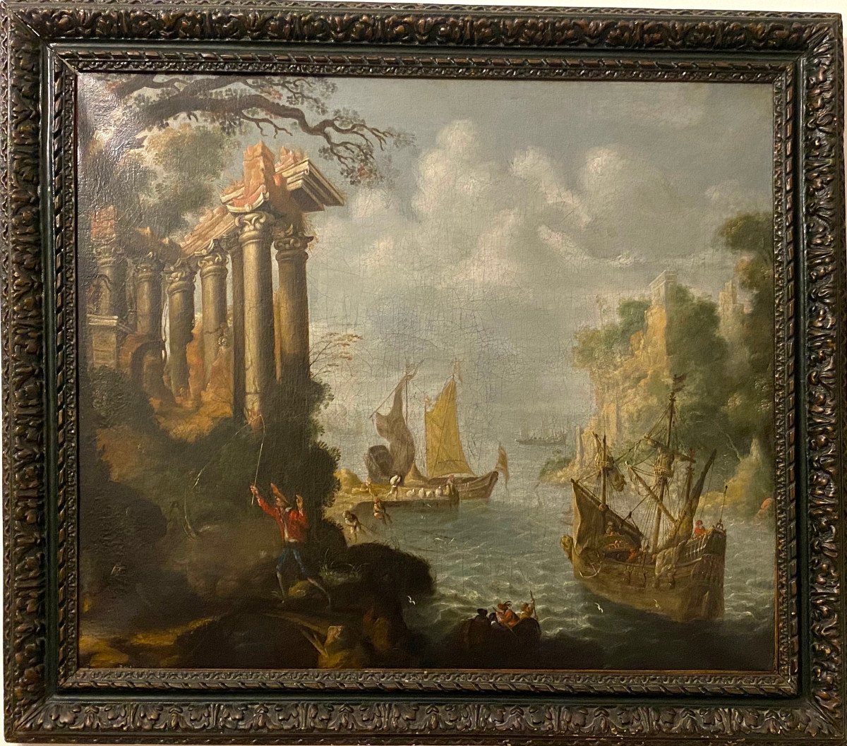 Une Huile Sur Toile Hollande 17 Eme Siecle Bateaux Dans Une Baie Avec  Des Ruines 