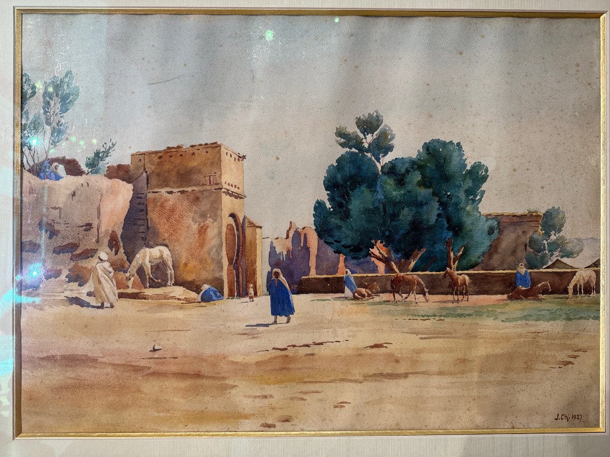 A Large Orientalist Watercolor Signed J.ch 1927-photo-4