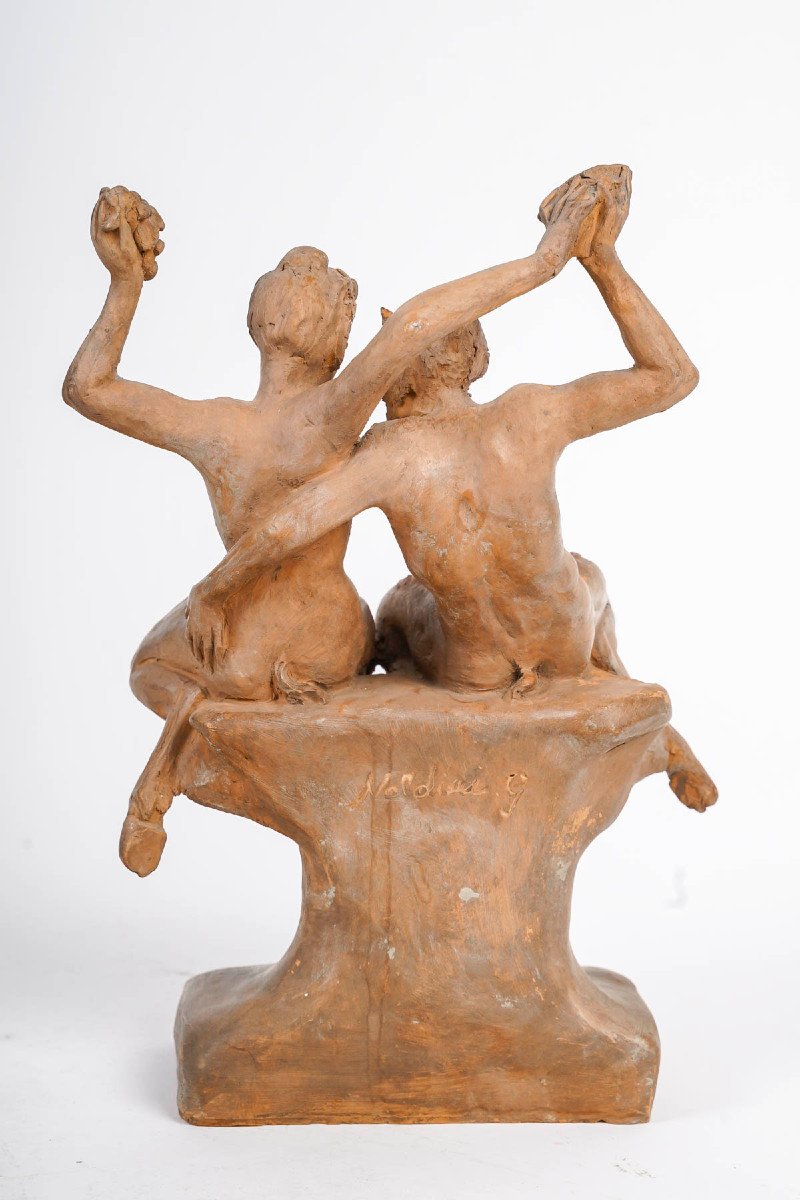 Terracotta Representing A Couple Of Fauns Signed Giovan Naldini-photo-4