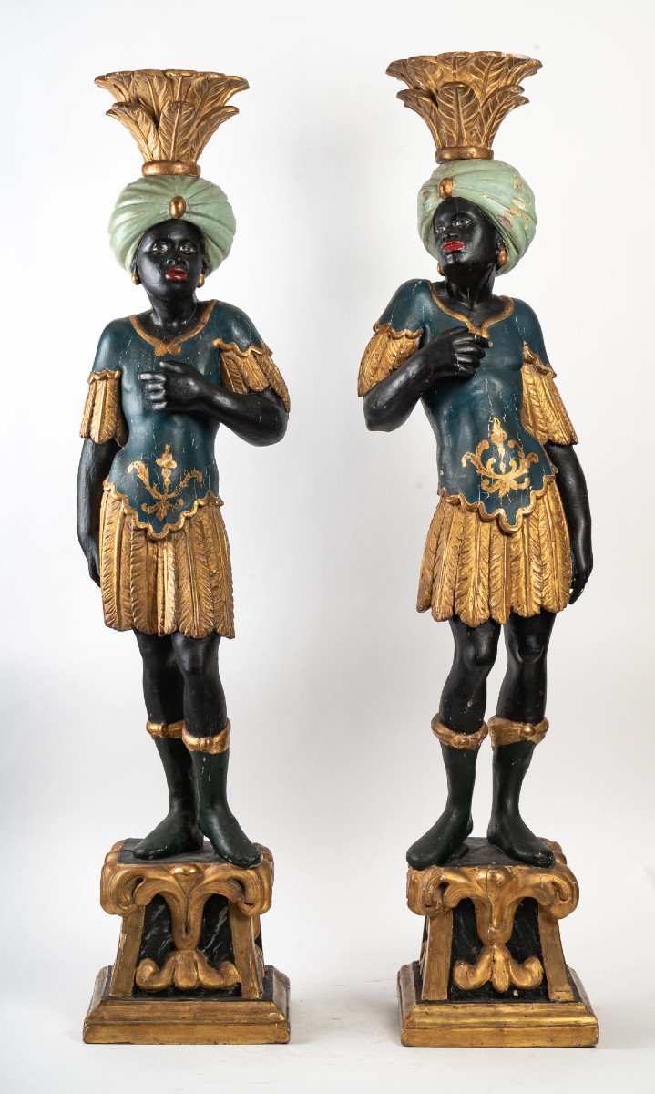 Paire De Nubiens En Bois Sculpté Polychrome ,venise Debut Du 19 Eme Siecle