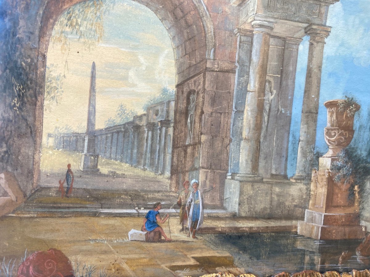 Characters In An Architectural Garden Gouache 18th Century-photo-2