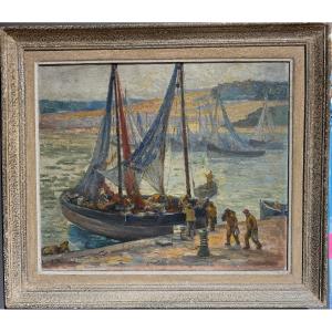 The Return Of Fishermen To The Port Oil On Canvas Signed O.denizard