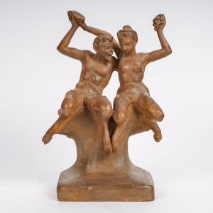 Terracotta Representing A Couple Of Fauns Signed Giovan Naldini