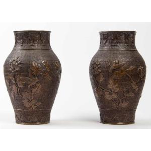 Une Paire De Vases en Bronze Japon 19 Eme Siecle