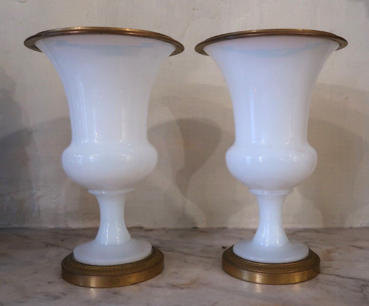 Pair Of Medici Vases In White Opaline