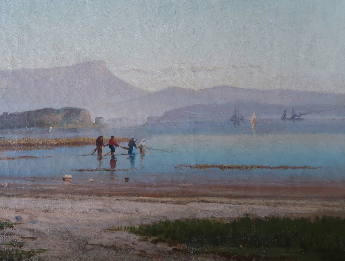 Antique Painting Depicting A Lake Landscape-photo-2