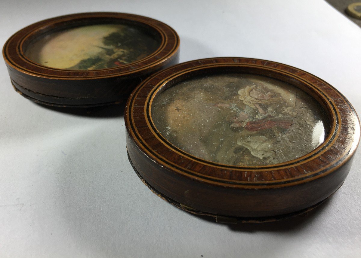 Miniature Landscape, Lot Of 2, Marquetry Frames,  19th Century.-photo-4