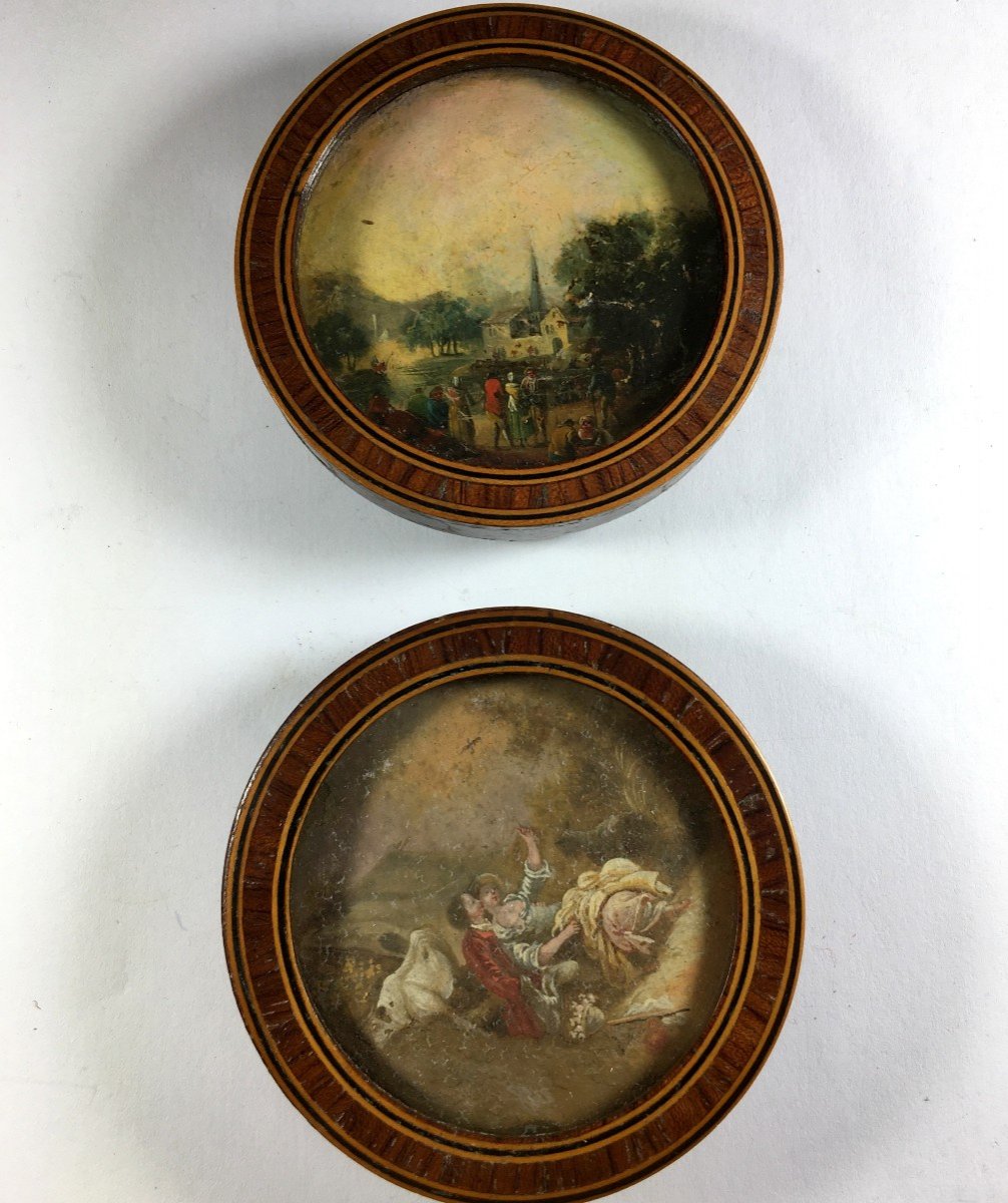 Miniature Landscape, Lot Of 2, Marquetry Frames,  19th Century.