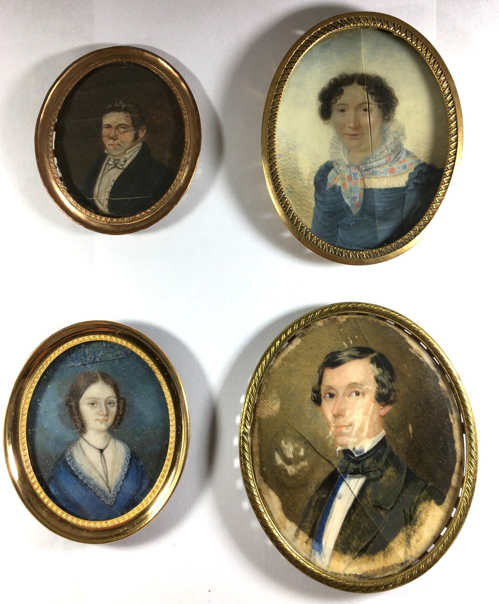 Miniature Portrait, Lot Of 4, 1 Signed Heidermane 1850, 19th Century.