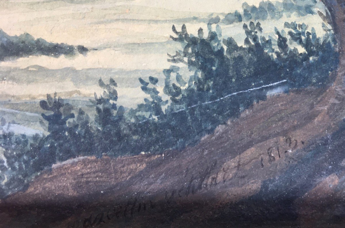 Gouache signée Marcellin Vétillard 1813, paysage, encadrement par Amiot, Le Mans-photo-4