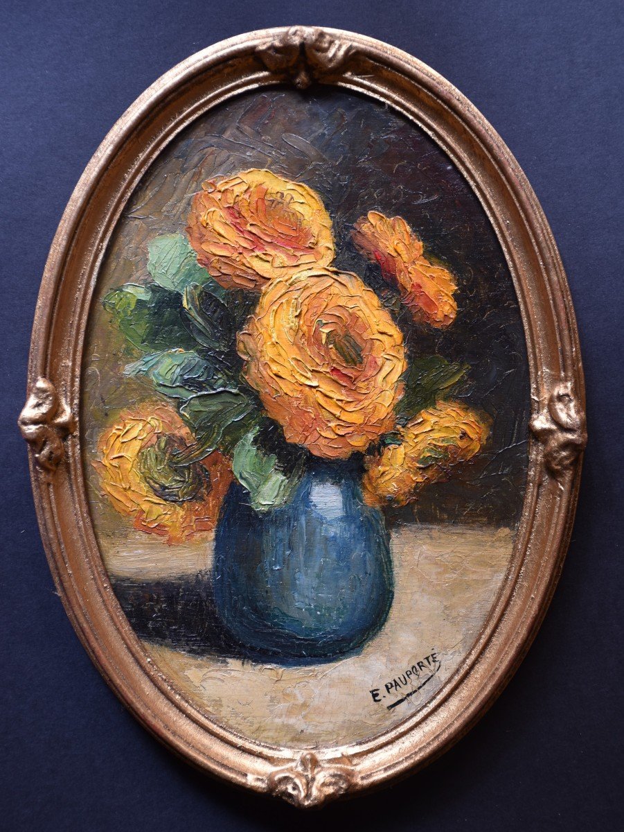 Edouard Pauporté, Persian Buttercups In A Blue Pot, Oval Panel (circa 1910)