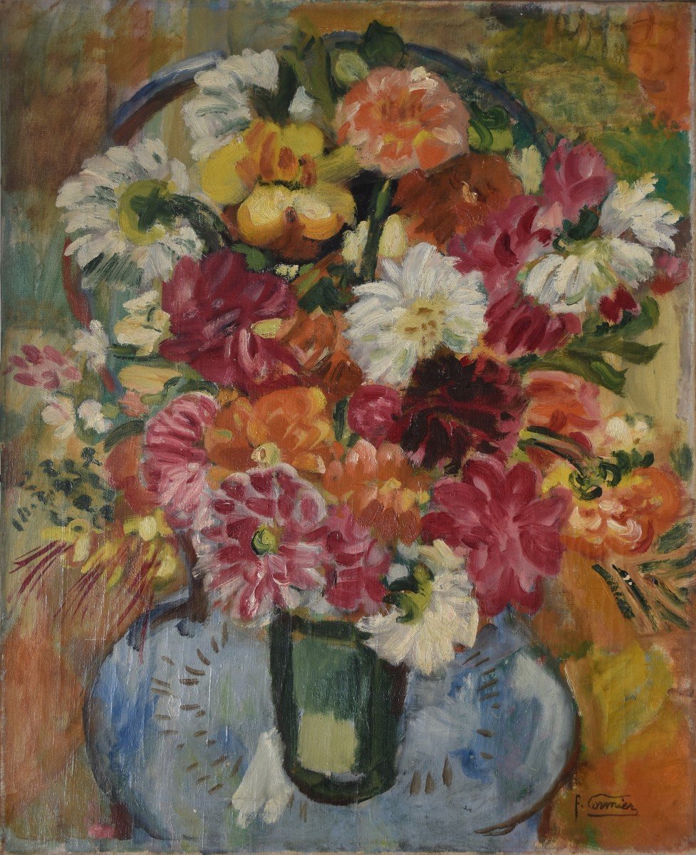 Fernande Cormier, Bouquet de fleurs dans un vase sur une chaise en bois courbé (vers 1935)