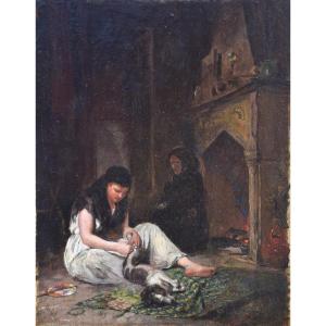 Wilbur Winfield Woodward, Fille épuçant un chien (1879)