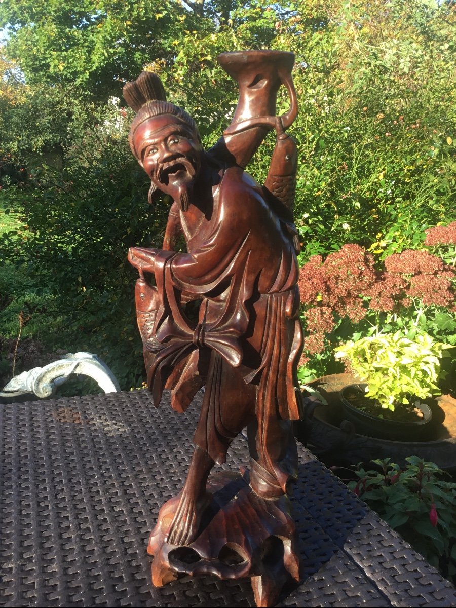 Grand Pêcheur En Bois Sculpté 43 cm, Japon’ époque Edo-photo-2