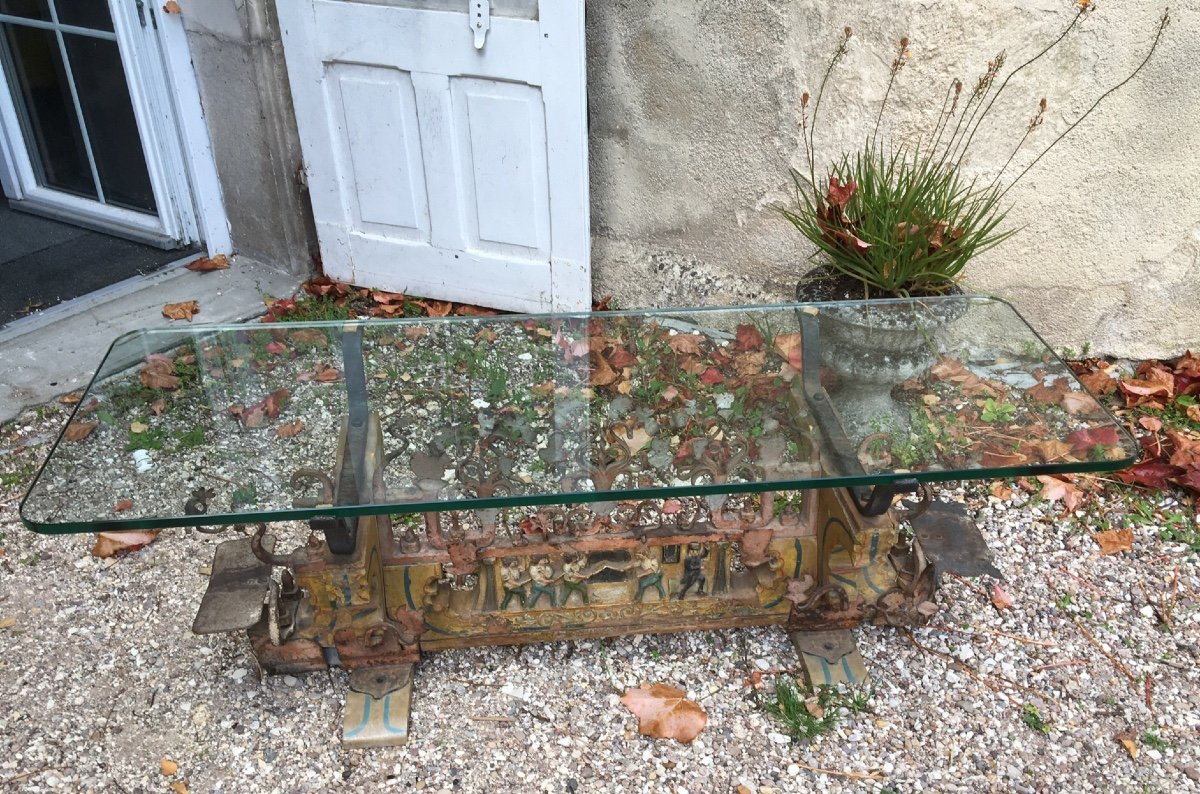 Sicilian Cart Axle In Wood And Carved Wrought Iron Mounts In Table-photo-5