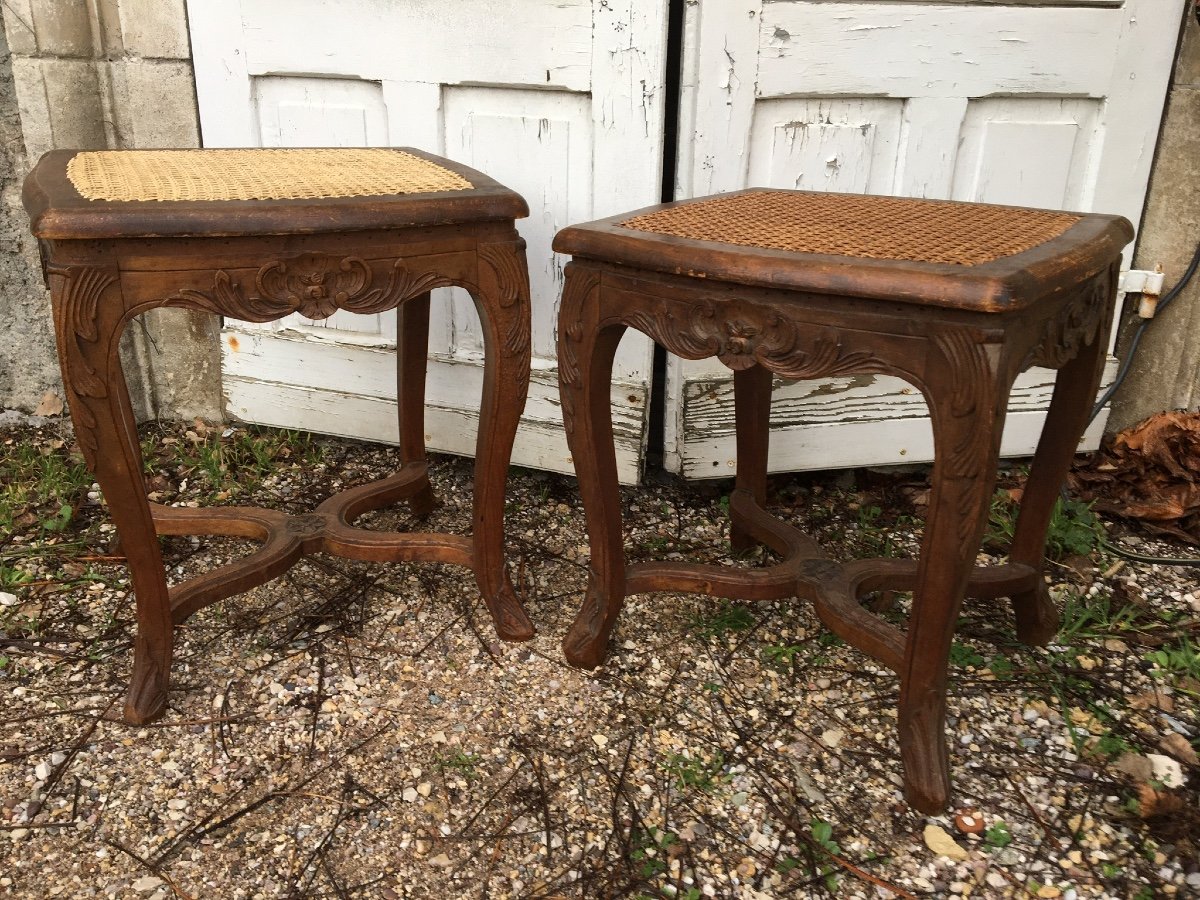 Pair Of Carved And Caned Stools, Louis XV Style-photo-3